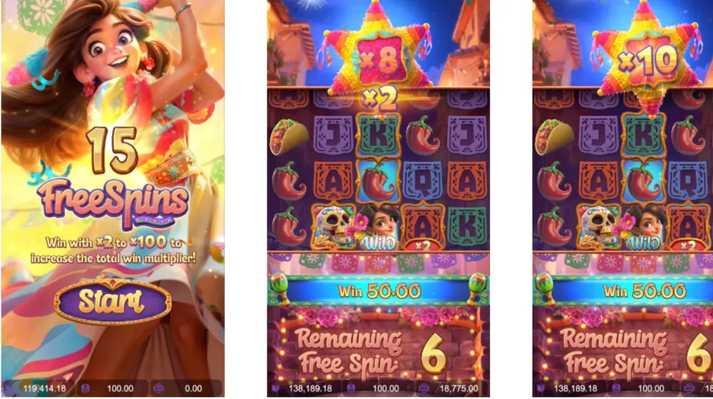 Pinata Wins free spins feature: 15 free spins start screen and collected multipliers Pinata Wins free spins feature: 15 free spins start screen and collected multipliers