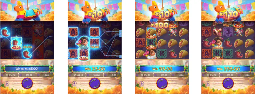 Pinata Wins multipliers up to x100 shown on four game screens from the PG Soft game sheet Pinata Wins multipliers up to x100 shown on four game screens from the PG Soft game sheet