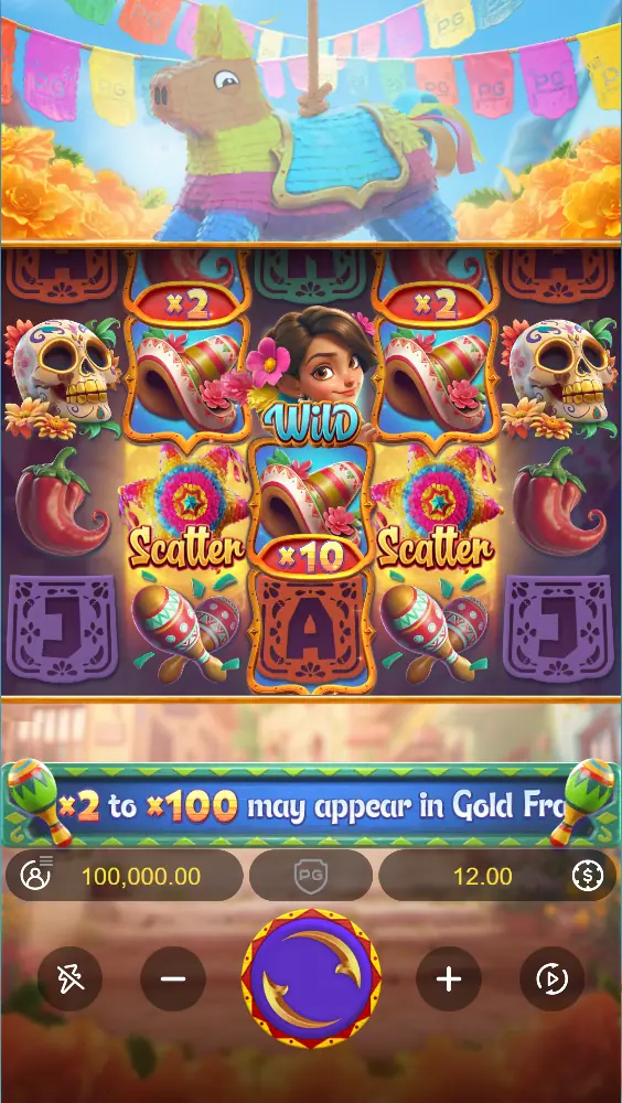 Pinata Wins slot reels with Wild, Scatter and gold frame multipliers Pinata Wins slot reels with Wild, Scatter and gold frame multipliers